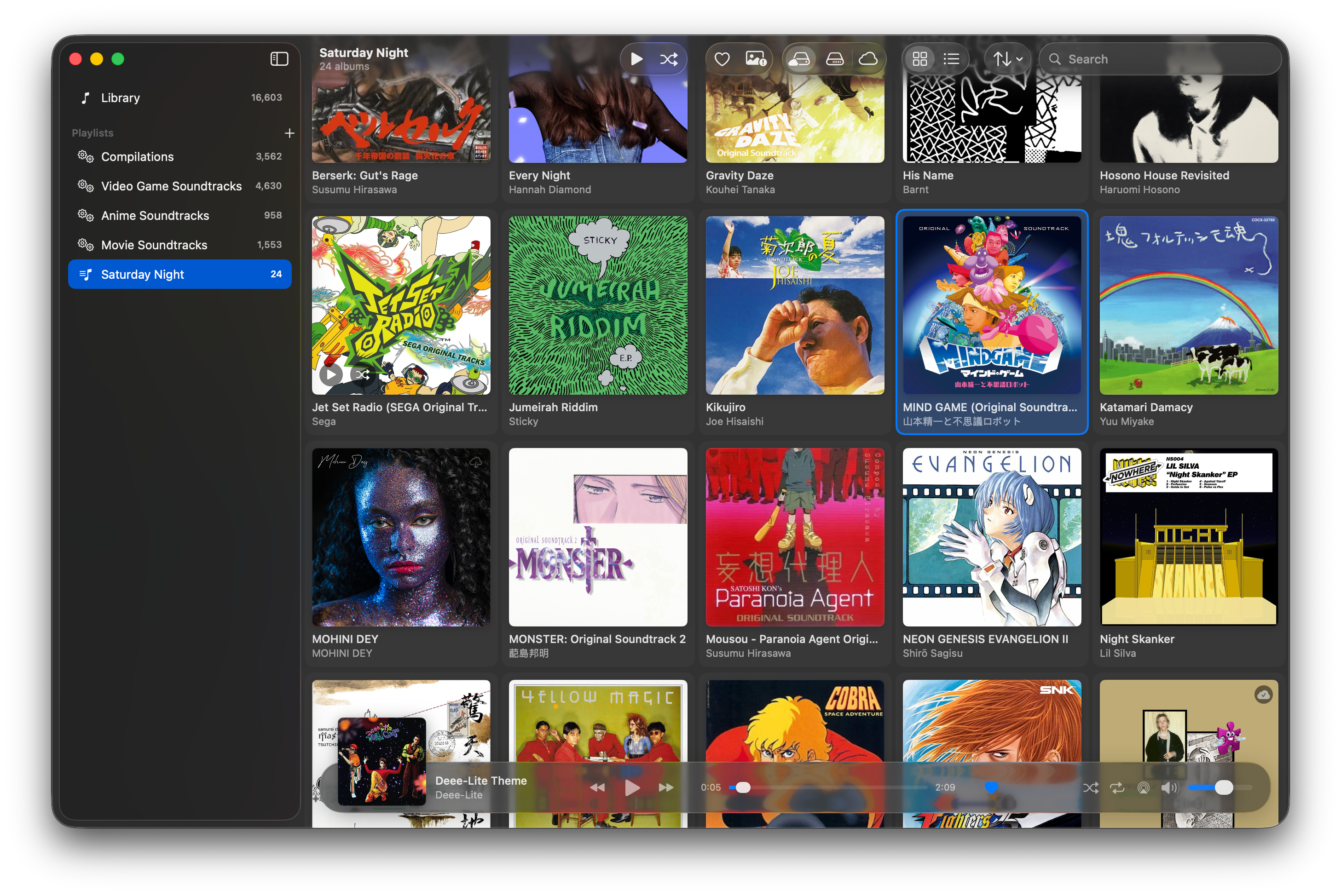Playa app showing the playlists sidebar, a grid of album covers, and the playback bar