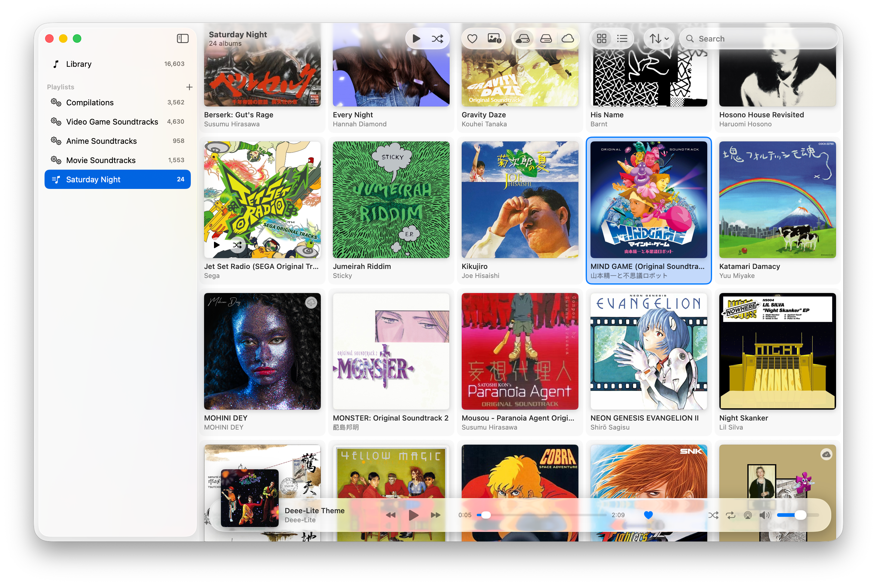 Playa app showing the playlists sidebar, a grid of album covers, and the playback bar